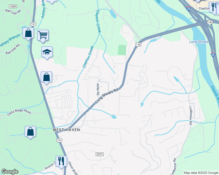 map of restaurants, bars, coffee shops, grocery stores, and more near 556 Long Shoals Road in Arden