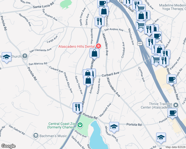 map of restaurants, bars, coffee shops, grocery stores, and more near 8021 Curbaril Avenue in Atascadero