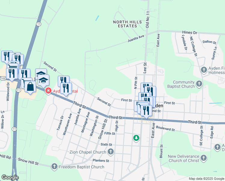 map of restaurants, bars, coffee shops, grocery stores, and more near 303 Cottonfield Ct in Ayden