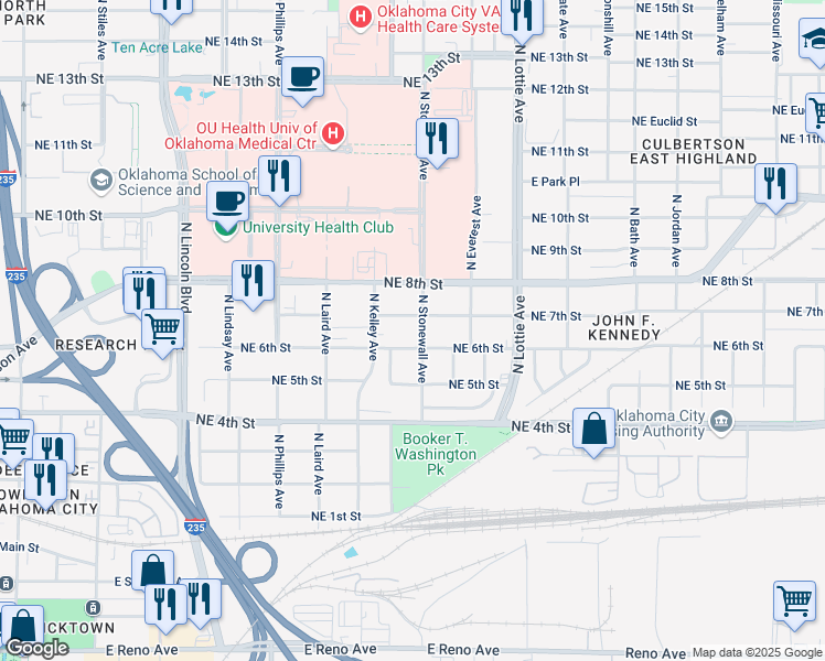 map of restaurants, bars, coffee shops, grocery stores, and more near 1027 Northeast 7th Street in Oklahoma City