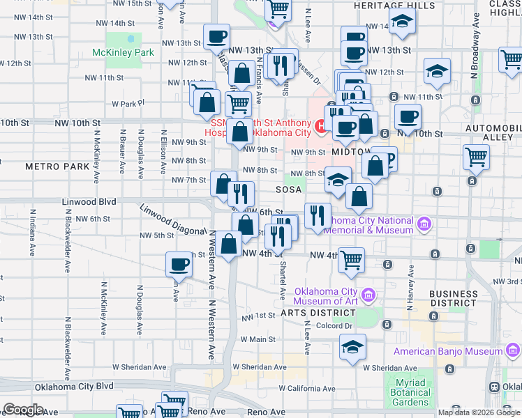 map of restaurants, bars, coffee shops, grocery stores, and more near 832 Northwest 7th Street in Oklahoma City