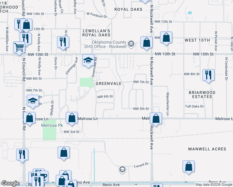map of restaurants, bars, coffee shops, grocery stores, and more near 713 Whispering Oak Road in Oklahoma City