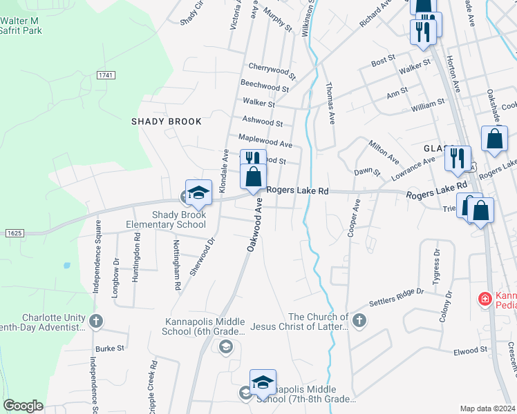map of restaurants, bars, coffee shops, grocery stores, and more near 1312 Oakwood Avenue in Kannapolis