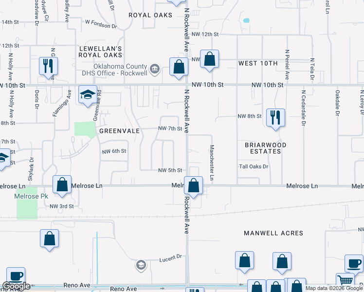 map of restaurants, bars, coffee shops, grocery stores, and more near 715 North Rockwell Avenue in Oklahoma City