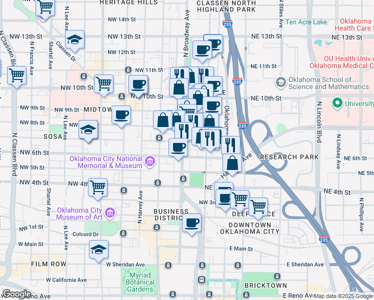 map of restaurants, bars, coffee shops, grocery stores, and more near 25 Northwest 7th Street in Oklahoma City