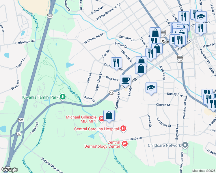 map of restaurants, bars, coffee shops, grocery stores, and more near 210 North Monroe Avenue in Sanford