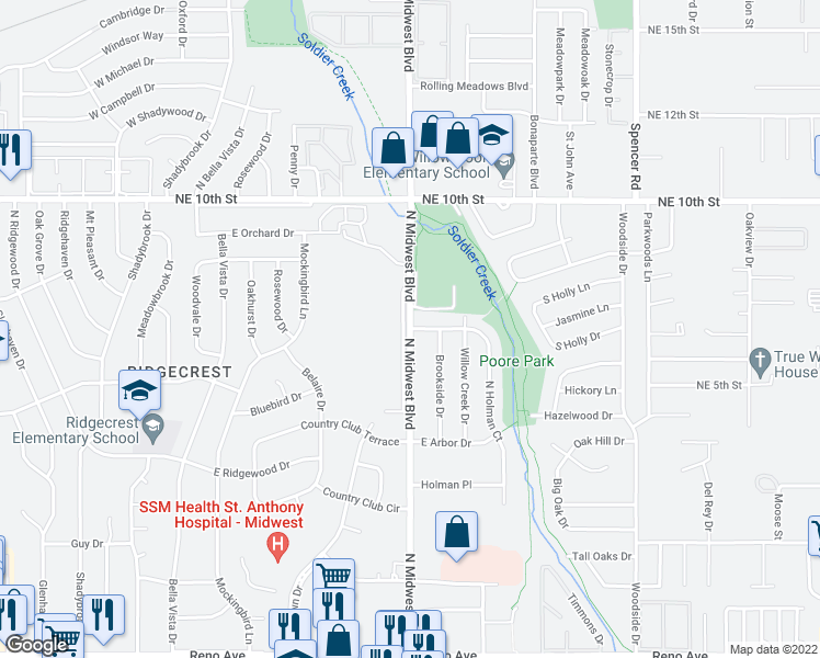 map of restaurants, bars, coffee shops, grocery stores, and more near N Midwest Blvd & E Holman Ct in Midwest City