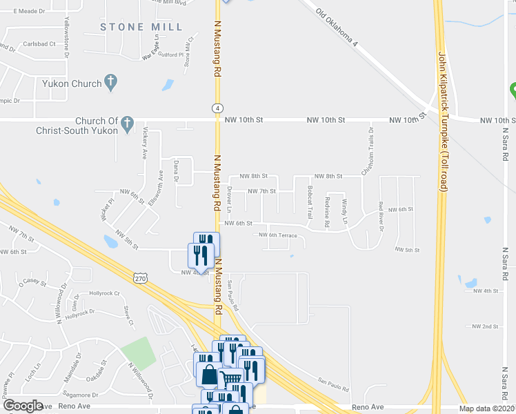 map of restaurants, bars, coffee shops, grocery stores, and more near 713 Dusty Trail in Yukon