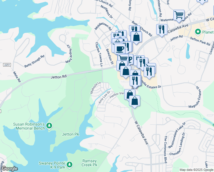 map of restaurants, bars, coffee shops, grocery stores, and more near 19220 Makayla Lane in Cornelius