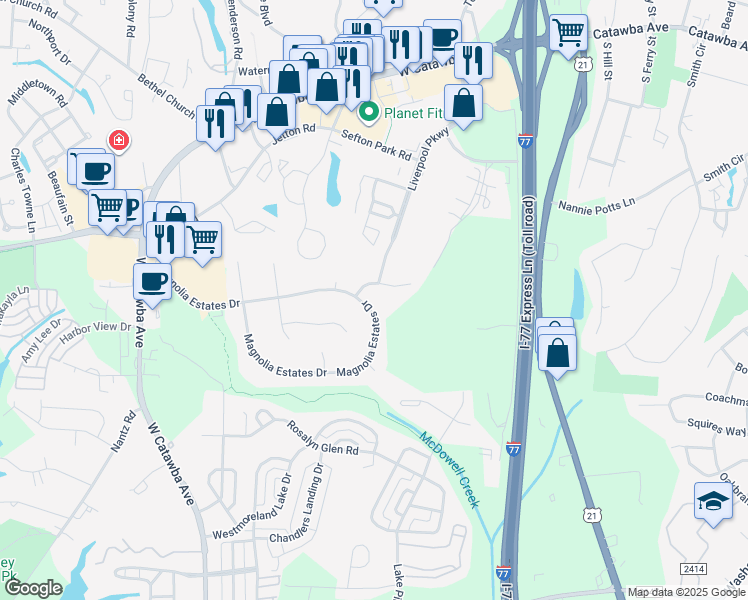 map of restaurants, bars, coffee shops, grocery stores, and more near 8861 Magnolia Estates Drive in Cornelius