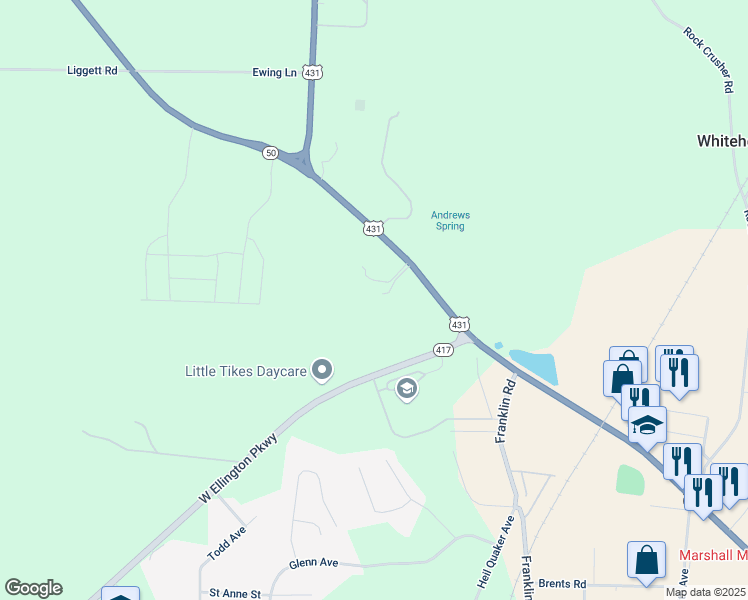 map of restaurants, bars, coffee shops, grocery stores, and more near 1431 New Columbia Highway in Lewisburg