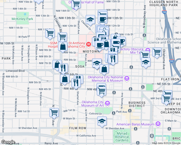 map of restaurants, bars, coffee shops, grocery stores, and more near 628 Northwest 7th Street in Oklahoma City