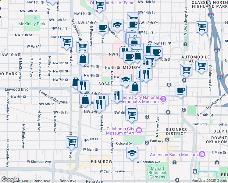 map of restaurants, bars, coffee shops, grocery stores, and more near 628 Northwest 7th Street in Oklahoma City