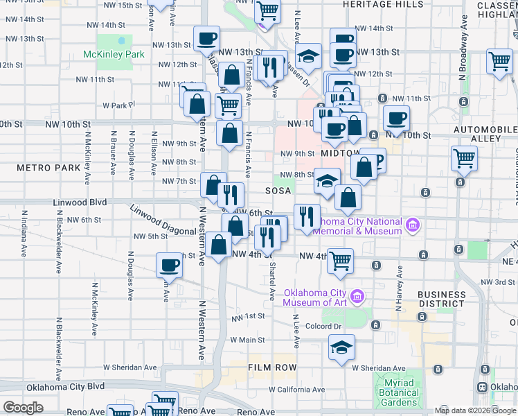 map of restaurants, bars, coffee shops, grocery stores, and more near 832 Northwest 7th Street in Oklahoma City