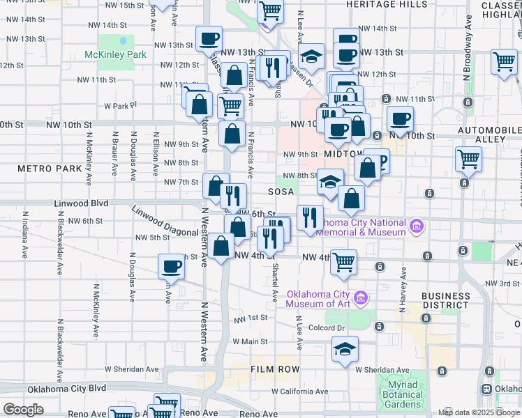 map of restaurants, bars, coffee shops, grocery stores, and more near 832 Northwest 7th Street in Oklahoma City