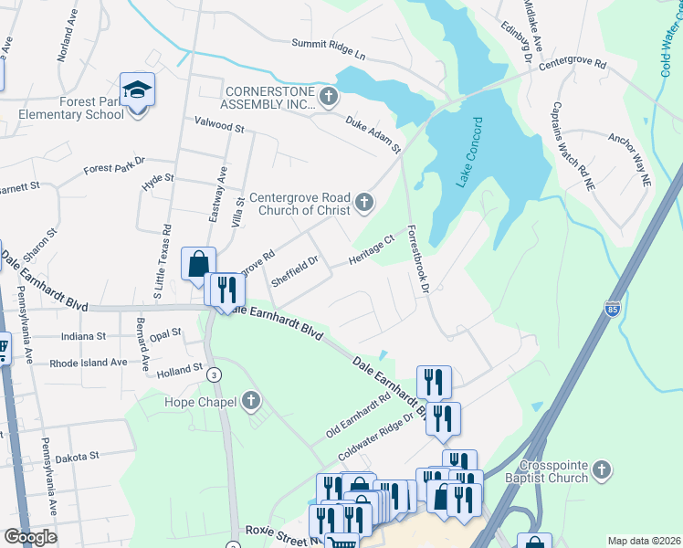 map of restaurants, bars, coffee shops, grocery stores, and more near 1607 Carlton Avenue in Kannapolis