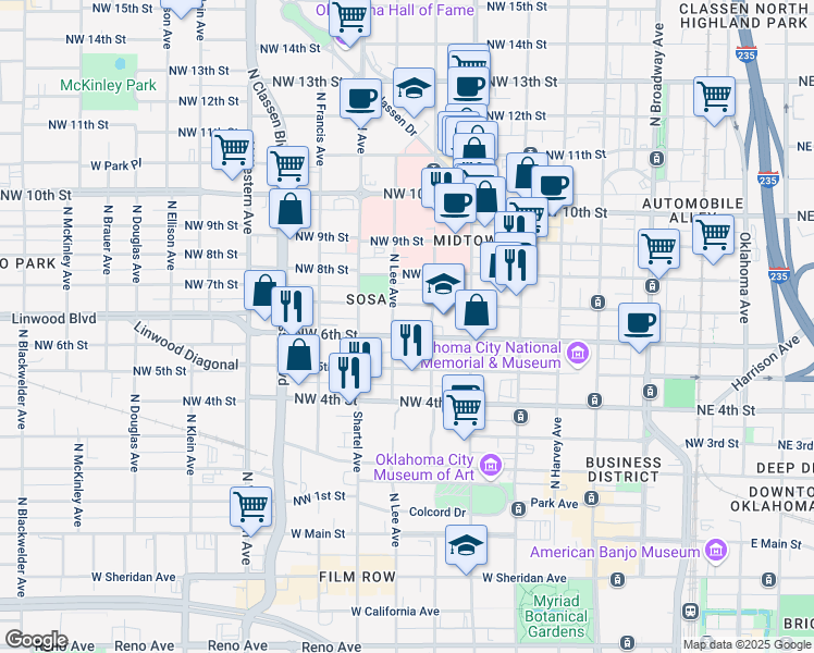map of restaurants, bars, coffee shops, grocery stores, and more near 628 Northwest 7th Street in Oklahoma City