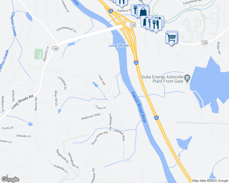 map of restaurants, bars, coffee shops, grocery stores, and more near 50 Ledbetter Road in Arden