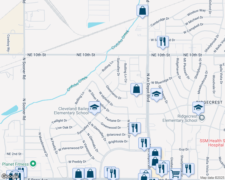 map of restaurants, bars, coffee shops, grocery stores, and more near 3601 Sunvalley Drive in Midwest City