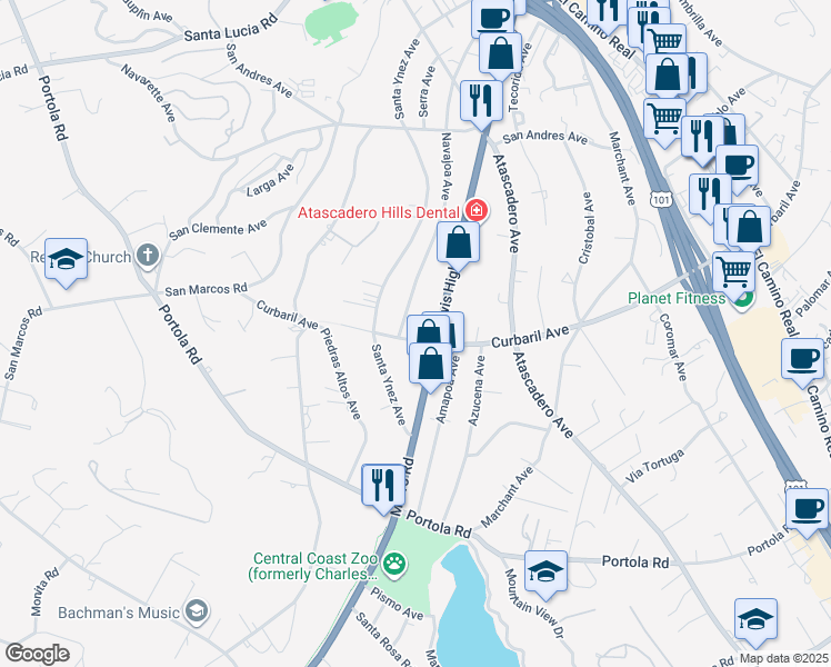 map of restaurants, bars, coffee shops, grocery stores, and more near 7905 Curbaril Avenue in Atascadero