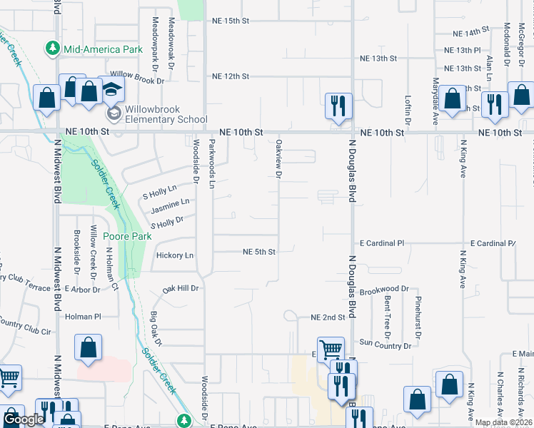 map of restaurants, bars, coffee shops, grocery stores, and more near 619 Oakview Drive in Midwest City