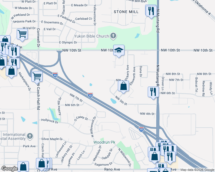 map of restaurants, bars, coffee shops, grocery stores, and more near 11716 Northwest 6th Street in Yukon