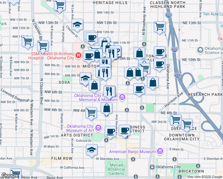 map of restaurants, bars, coffee shops, grocery stores, and more near 301 Northwest 6th Street in Oklahoma City