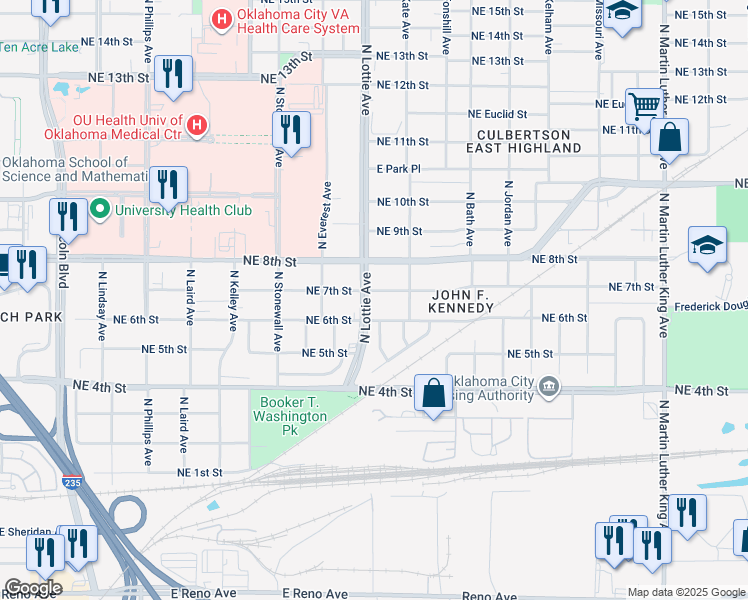 map of restaurants, bars, coffee shops, grocery stores, and more near 1304 Northeast 7th Street in Oklahoma City