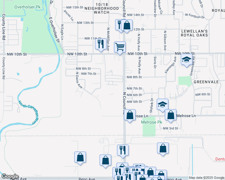 map of restaurants, bars, coffee shops, grocery stores, and more near 701 North Council Road in Oklahoma City