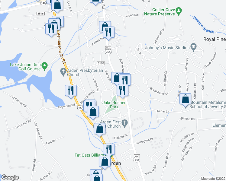 map of restaurants, bars, coffee shops, grocery stores, and more near 150 Royal Pines Drive in Arden