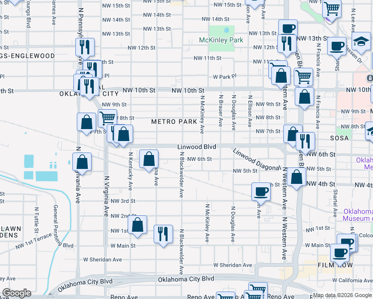 map of restaurants, bars, coffee shops, grocery stores, and more near 1703 Linwood Boulevard in Oklahoma City
