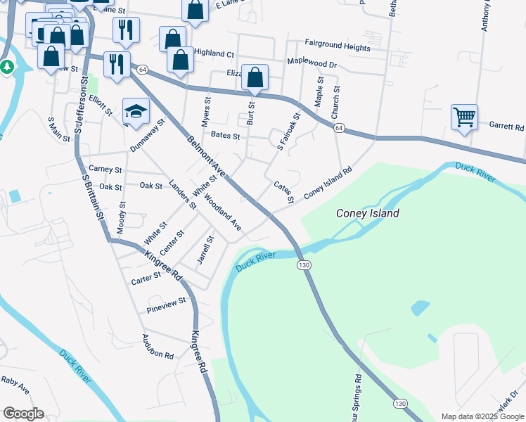 map of restaurants, bars, coffee shops, grocery stores, and more near 1101 Belmont Avenue in Shelbyville