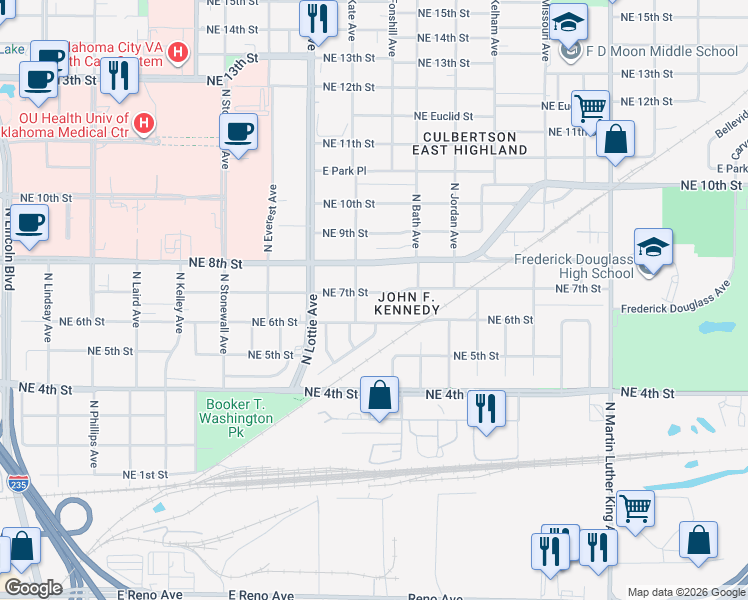 map of restaurants, bars, coffee shops, grocery stores, and more near 1425 Northeast 7th Street in Oklahoma City