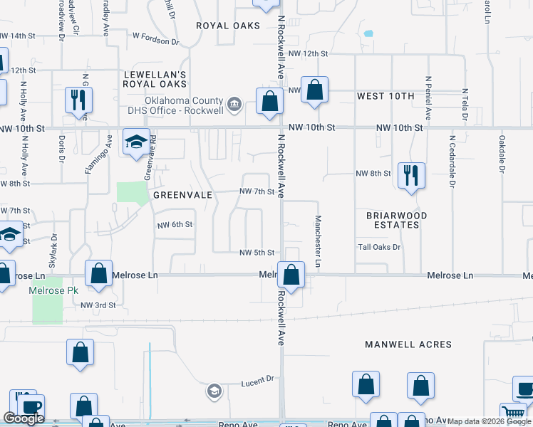 map of restaurants, bars, coffee shops, grocery stores, and more near 7105 Northwest 6th Street in Oklahoma City