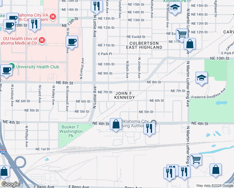 map of restaurants, bars, coffee shops, grocery stores, and more near 1432 Northeast 7th Street in Oklahoma City