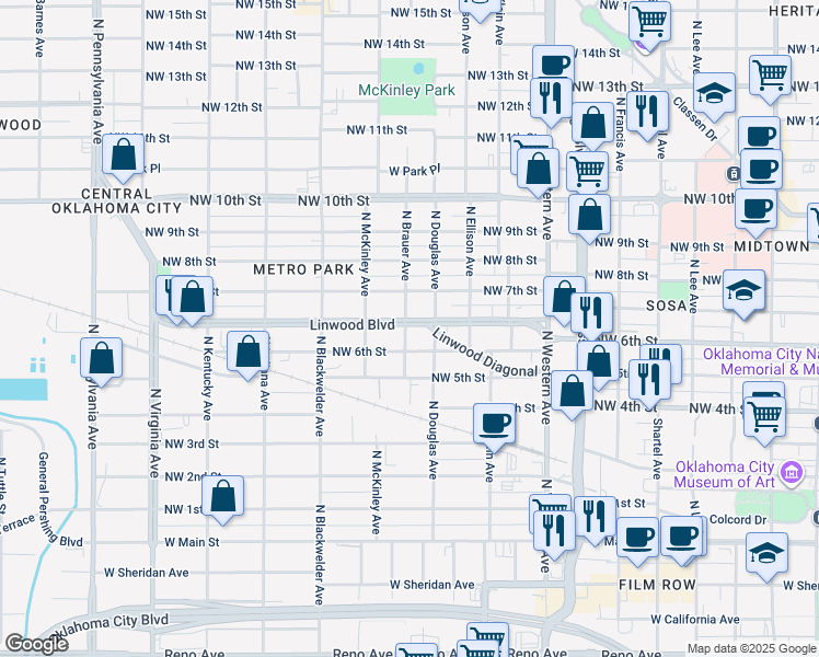 map of restaurants, bars, coffee shops, grocery stores, and more near 1507 Linwood Boulevard in Oklahoma City