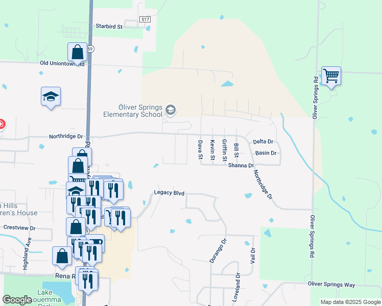 map of restaurants, bars, coffee shops, grocery stores, and more near 2511 Dava Street in Van Buren