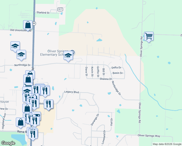 map of restaurants, bars, coffee shops, grocery stores, and more near 2510 Kevin Street in Van Buren