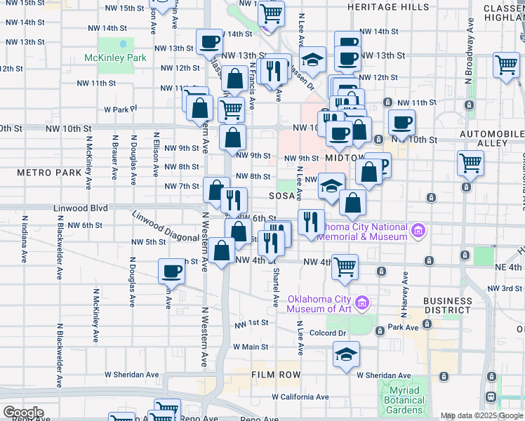 map of restaurants, bars, coffee shops, grocery stores, and more near 832 Northwest 7th Street in Oklahoma City