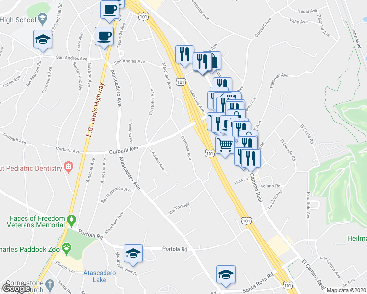 map of restaurants, bars, coffee shops, grocery stores, and more near 8060 Coromar Avenue in Atascadero
