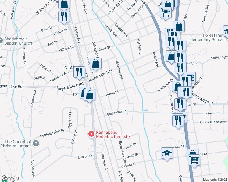 map of restaurants, bars, coffee shops, grocery stores, and more near 1428 Browdis Avenue in Kannapolis
