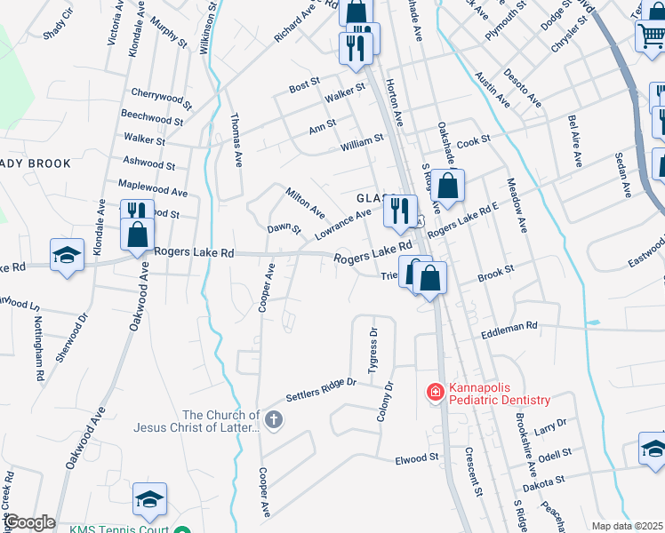 map of restaurants, bars, coffee shops, grocery stores, and more near 405 Rogers Lake Road in Kannapolis