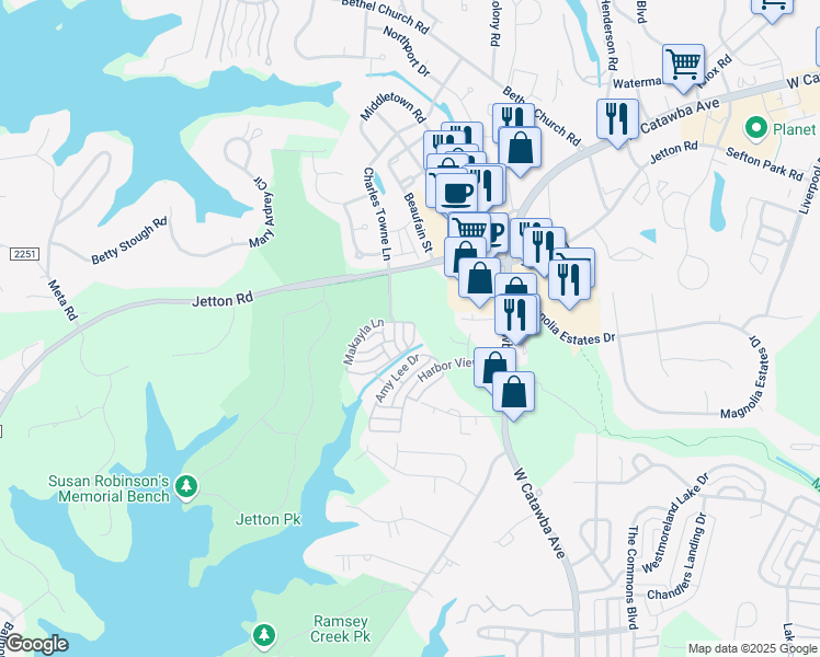map of restaurants, bars, coffee shops, grocery stores, and more near 19208 Makayla Lane in Cornelius