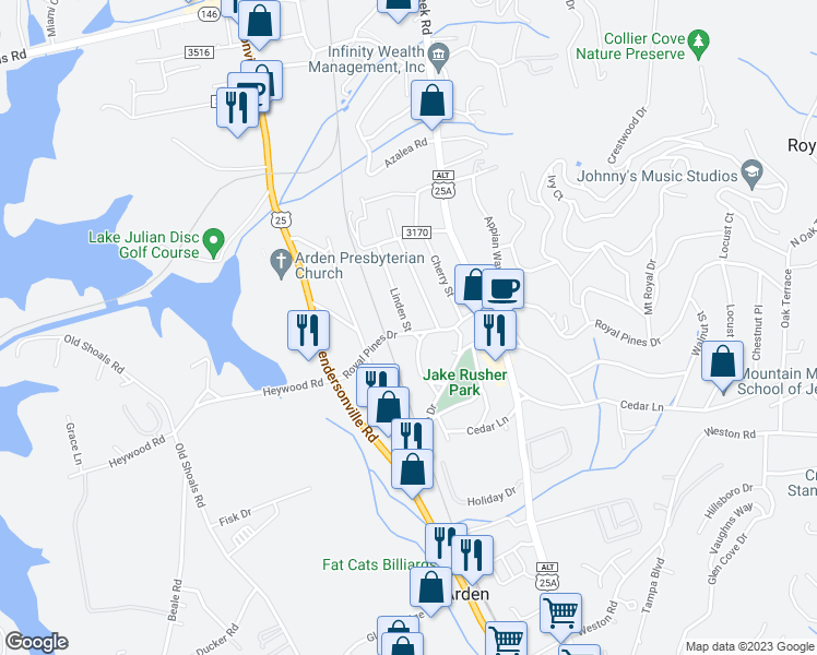 map of restaurants, bars, coffee shops, grocery stores, and more near 71a Linden Street in Arden