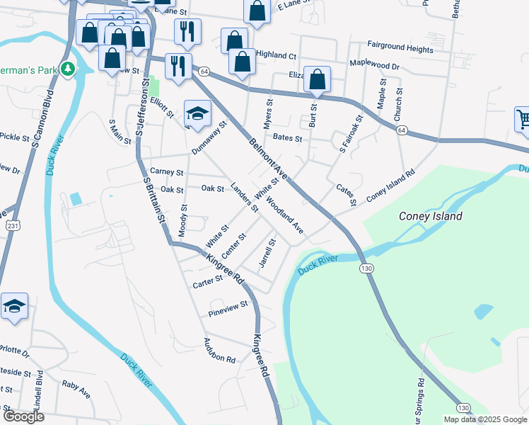 map of restaurants, bars, coffee shops, grocery stores, and more near 906 Woodland Avenue in Shelbyville