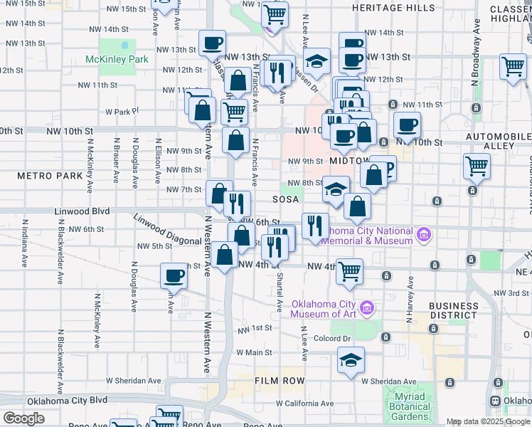 map of restaurants, bars, coffee shops, grocery stores, and more near 832 Northwest 7th Street in Oklahoma City