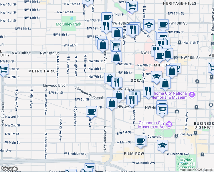 map of restaurants, bars, coffee shops, grocery stores, and more near 720 North Western Avenue in Oklahoma City