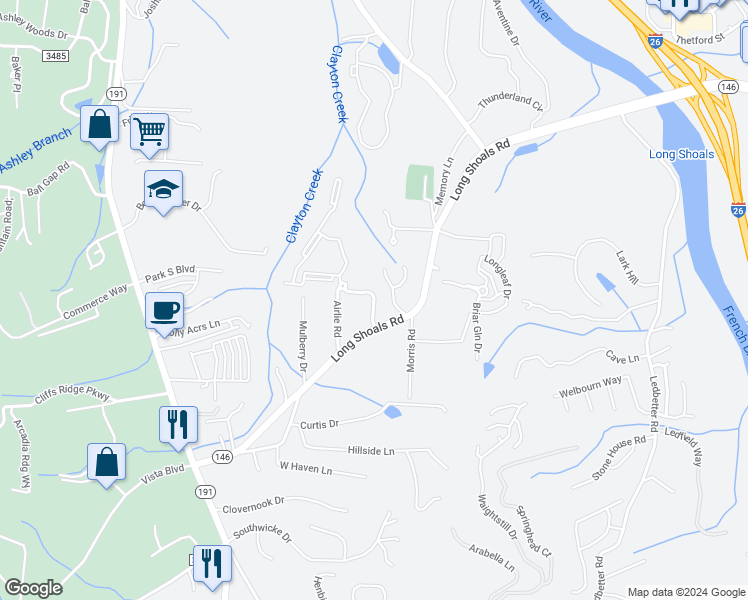 map of restaurants, bars, coffee shops, grocery stores, and more near 556 Long Shoals Road in Arden