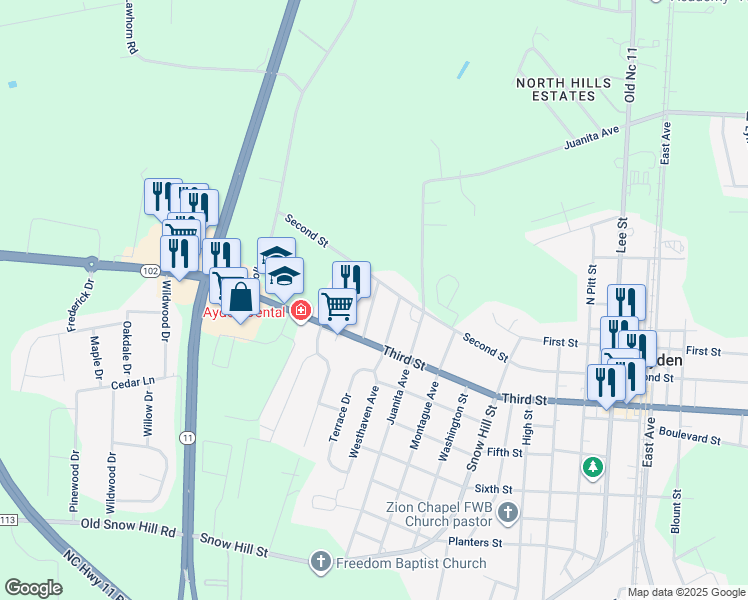 map of restaurants, bars, coffee shops, grocery stores, and more near 4033 Laurinburg Road in Ayden