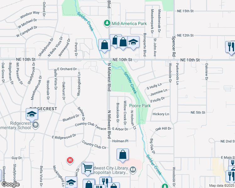 map of restaurants, bars, coffee shops, grocery stores, and more near 617 North Holman Court in Midwest City